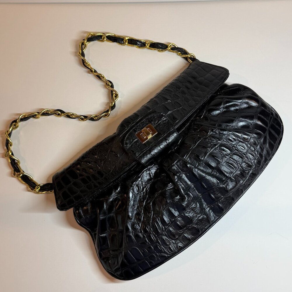 JJ Winters Vintage Black Leather Bag | Gold Chain & Leather Strap | Early 2000's